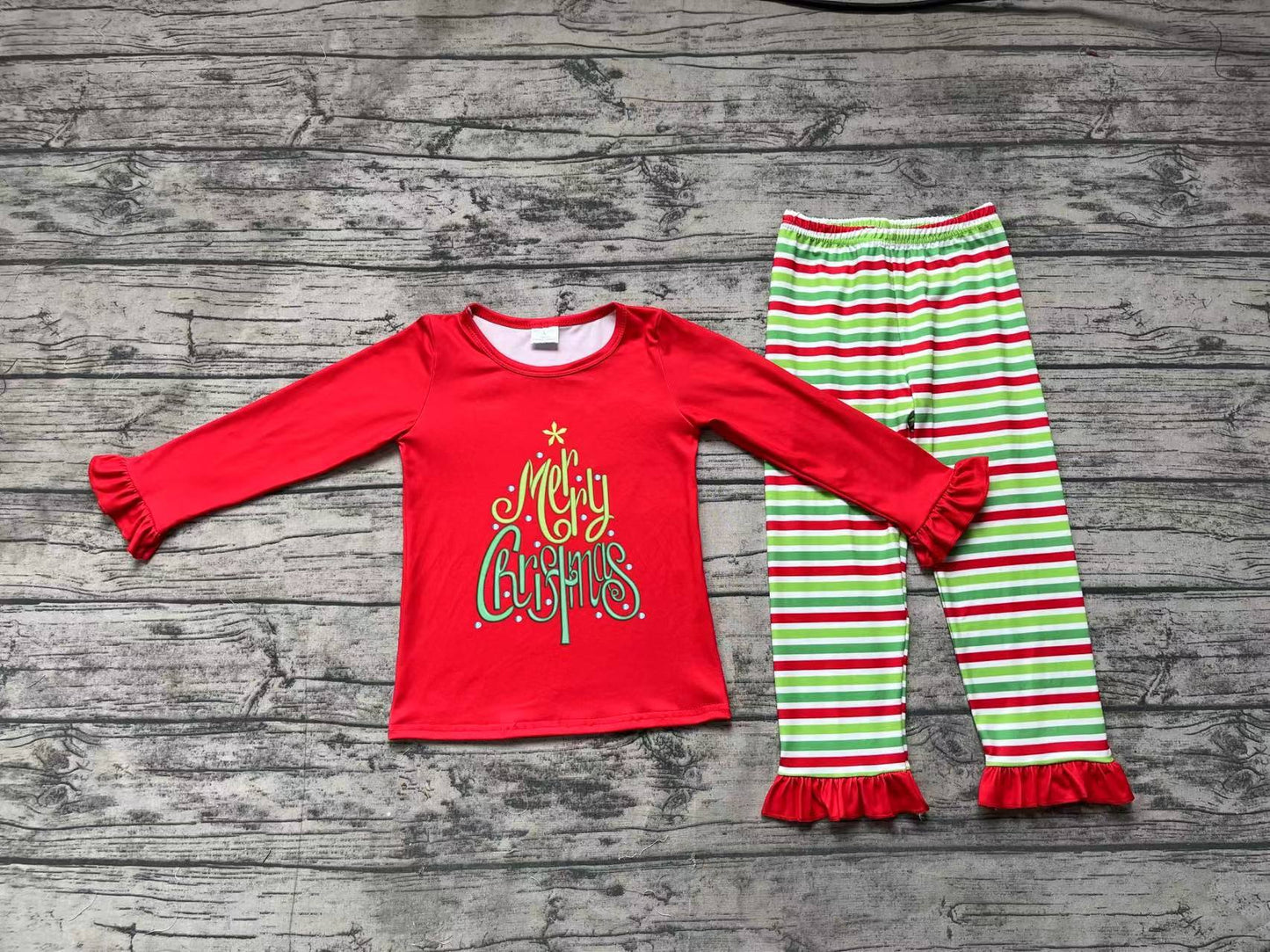 Baby Girls Christmas Ruffle Shirts Stripes Pants Pajamas Clothes Sets