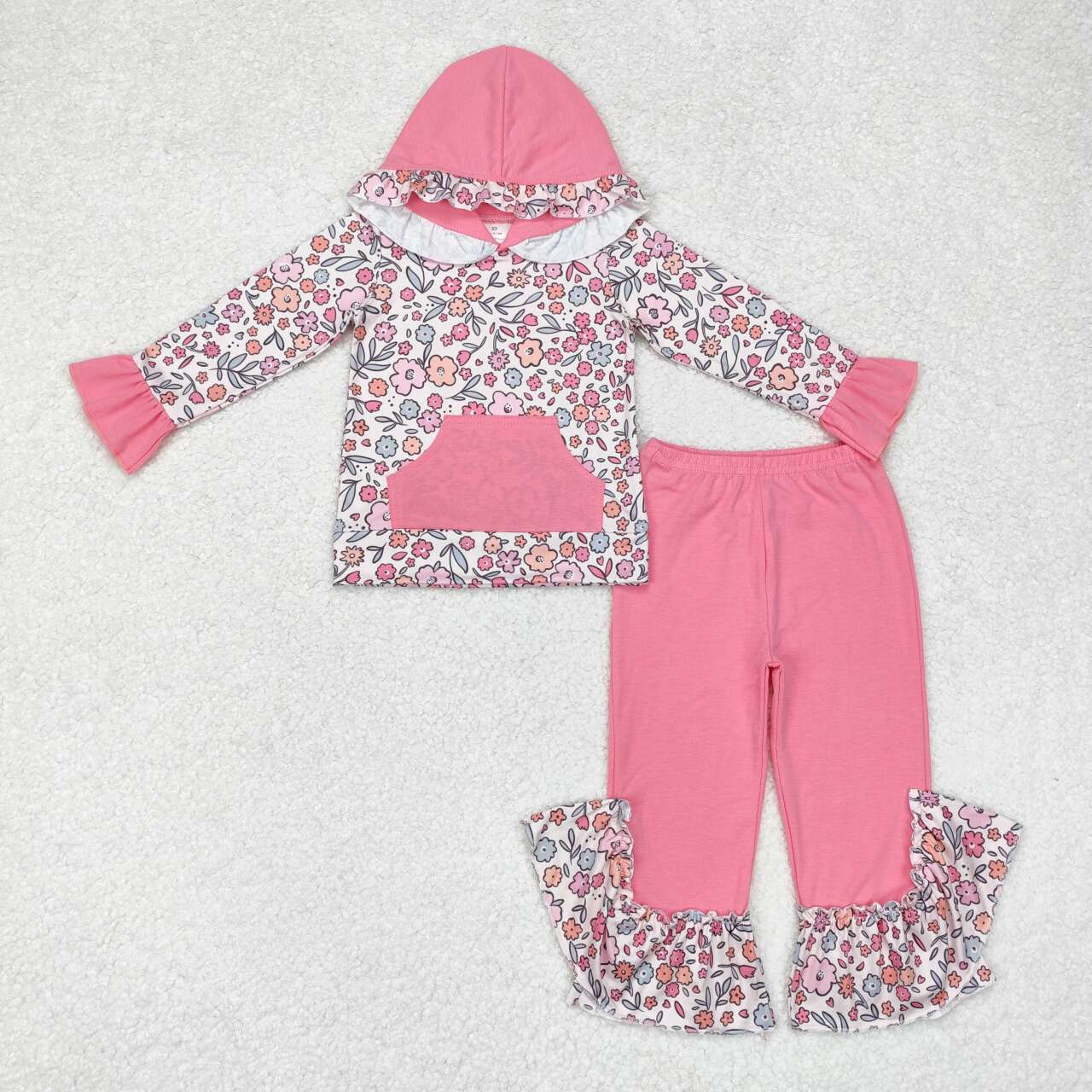 Sibling Baby Girls Ruffle Hooded Leopard Floral Top Bell Pants Clothes Sets