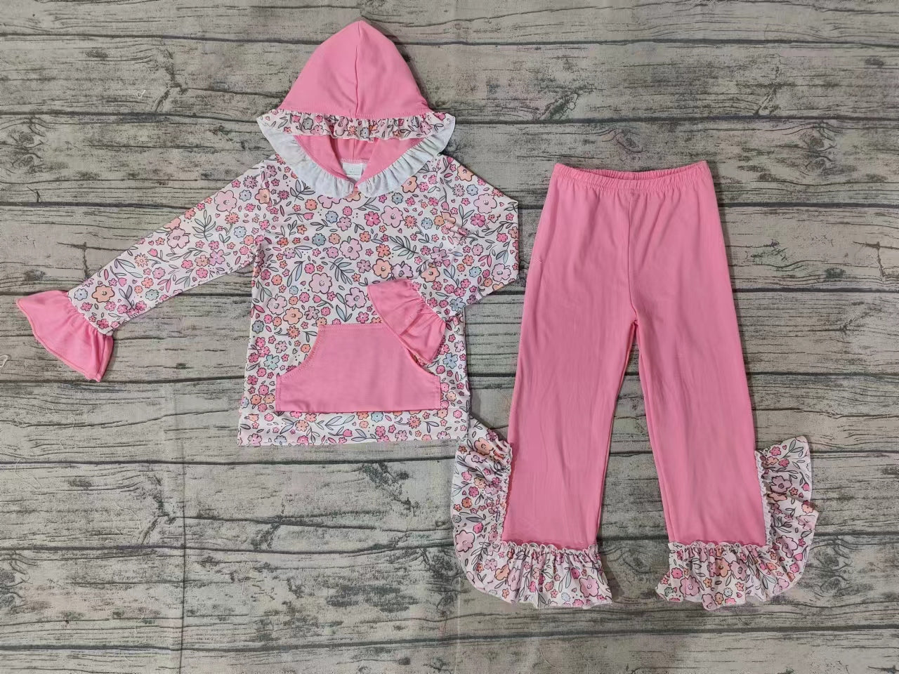 Baby Girls Bright Pink Flowers Hooded Top Ruffles Pants Clothes Sets