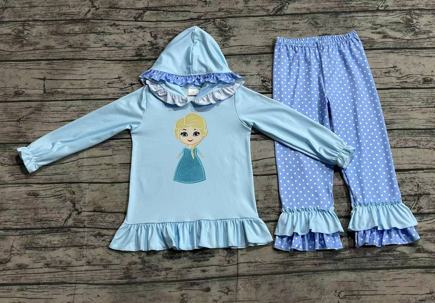 Baby Girls Princess Blue Hooded Top Ruffles Pants Clothes Sets