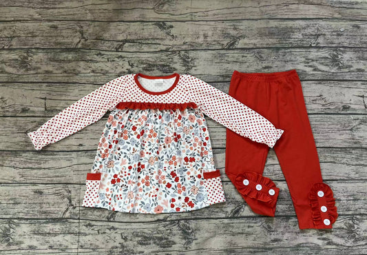 Baby Girls Fall Dots Flowers Pockets Tunic Top Legging Clothes Sets