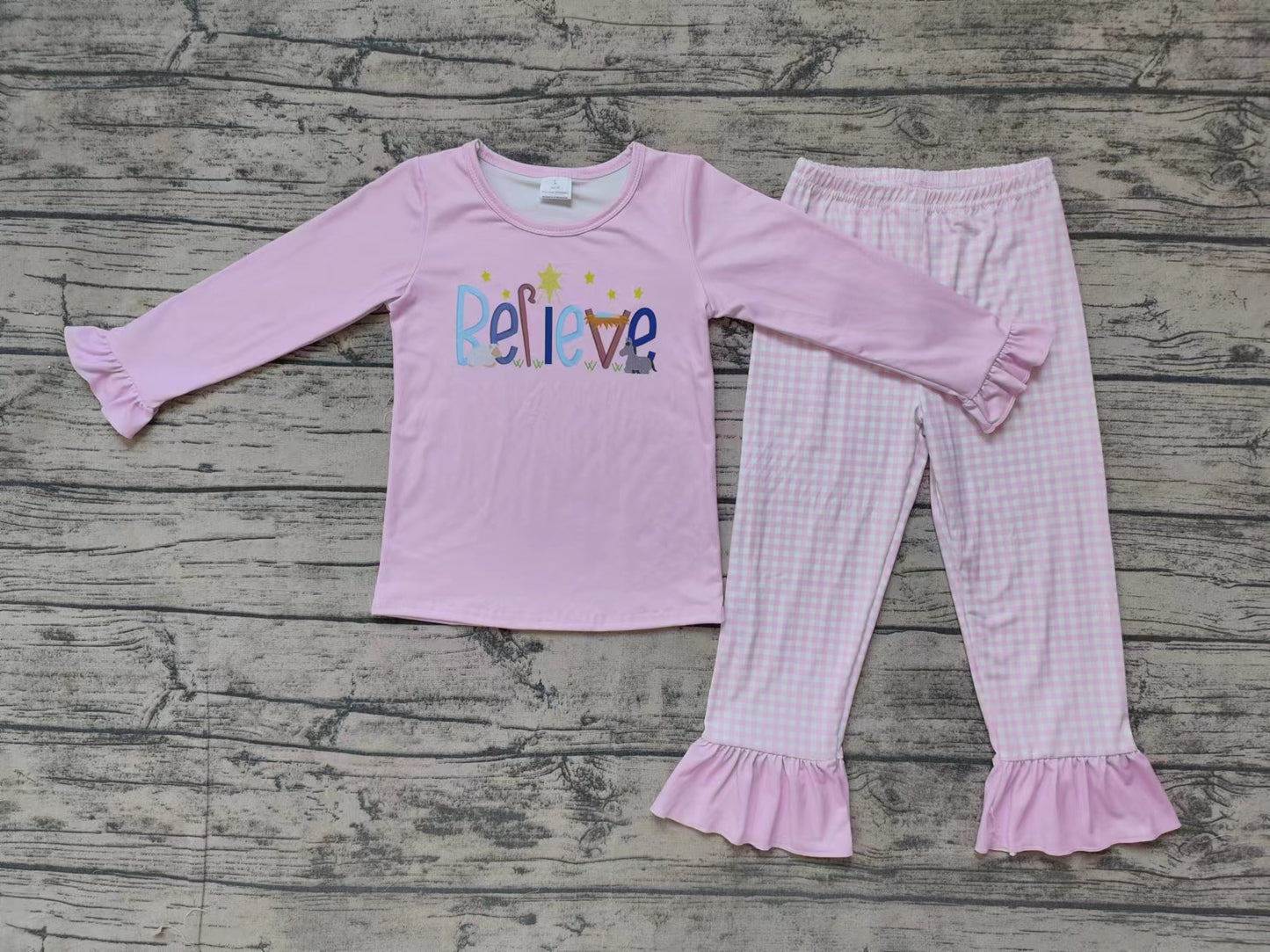 Baby Girls Pink Christmas Believe Top Ruffle Pants Clothes Sets