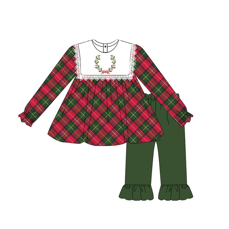 Baby Girls Christmas Green Red Checkered Tunic Top Ruffle Pants Clothes Sets Preorder