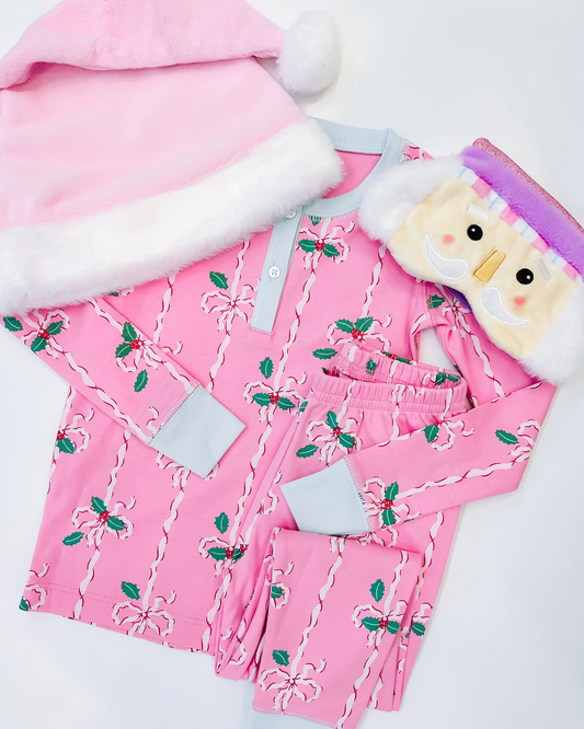 Baby Girls Pink Christmas Leaves Bows Top Pants Pajamas Clothes Sets Preorder