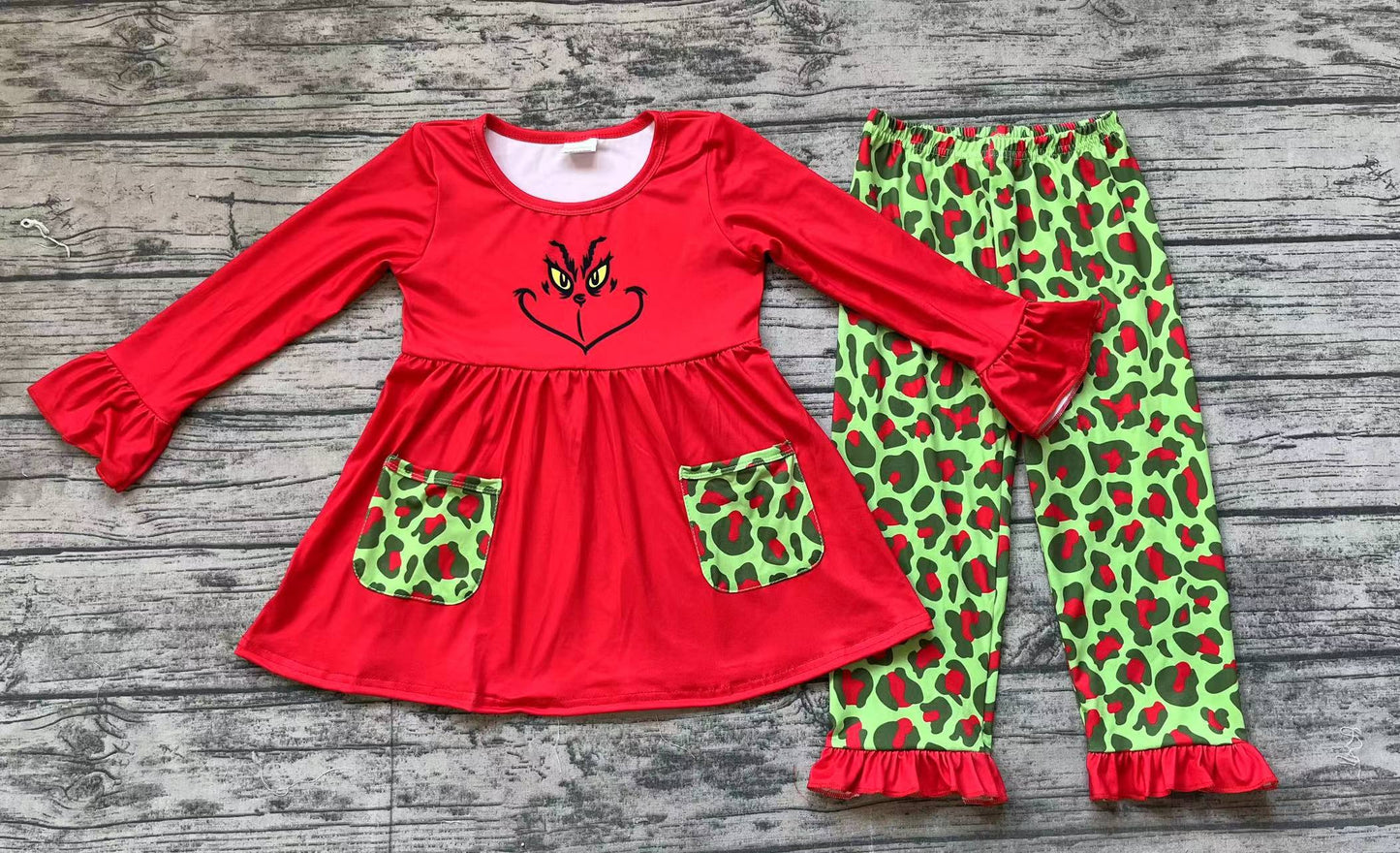 Baby Girls Christmas Red Face Tops Leopard Pants Clothes Sets