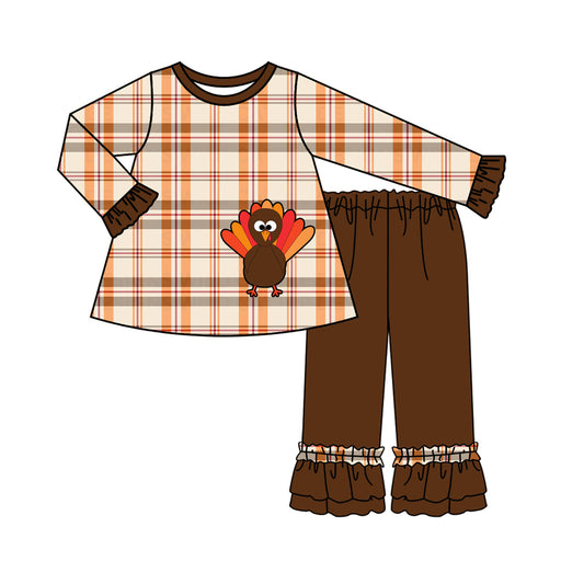 Baby Girls Brown Checkered Turkey Tunic Ruffle Pants Clothes Sets Preorder