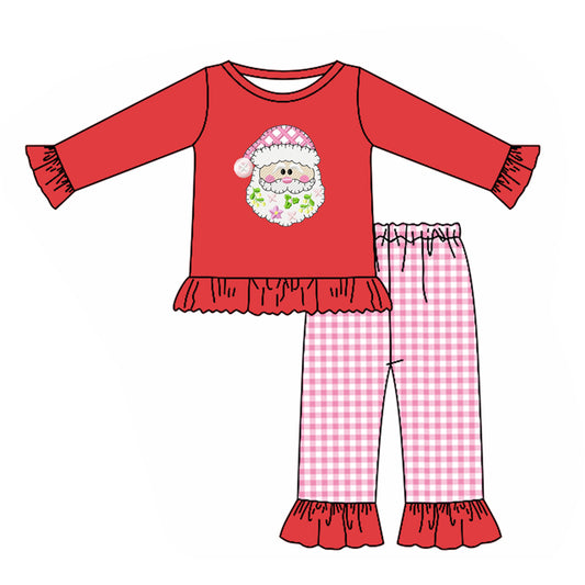 Baby Girls Christmas Santa Shirt Pink Checkered Pants Clothes Sets Preorder