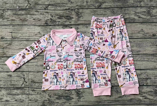 Baby Girls Singer Pink Buttons Shirt Pants Pajamas Clothes Sets