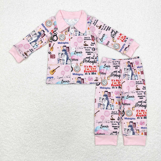 Baby Girls Singer Pink Buttons Shirt Pants Pajamas Clothes Sets