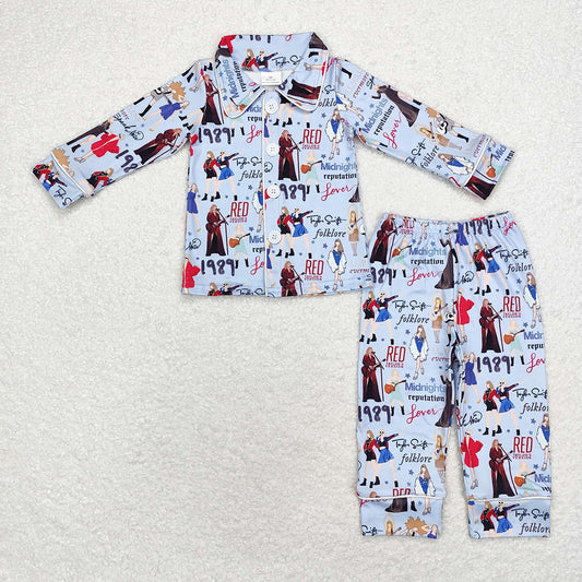 Baby Girls Singer Blue Buttons Shirt Pants Pajamas Clothes Sets