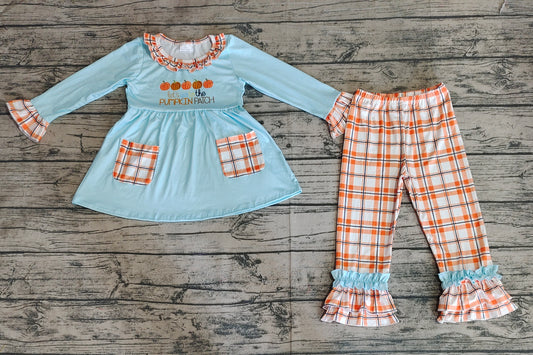 Baby Girls Fall Pumpkin Pockets Top Ruffle Pants Clothes Sets