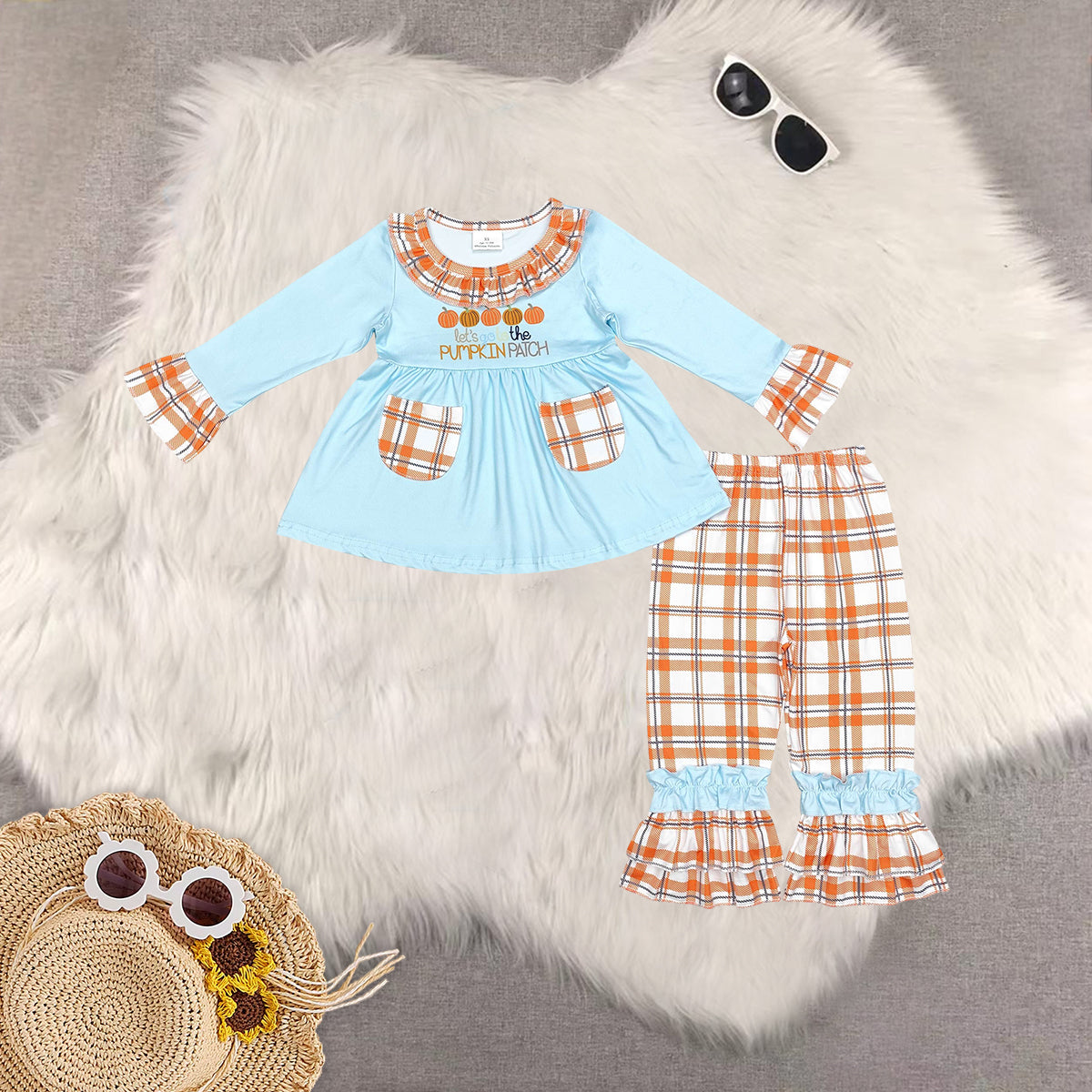 Sibling Baby Girls Long Sleeves Pumpkin Truck Tunic Bell Bottom Pant Fall Clothes Set