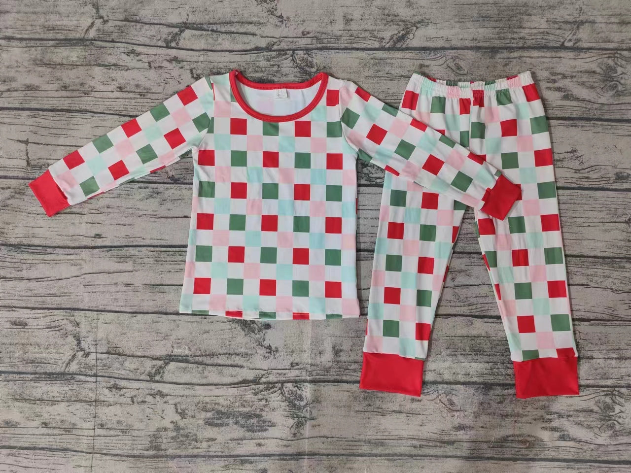 Kids Children Christmas Checkered Top Pants Pajamas Clothes Sets