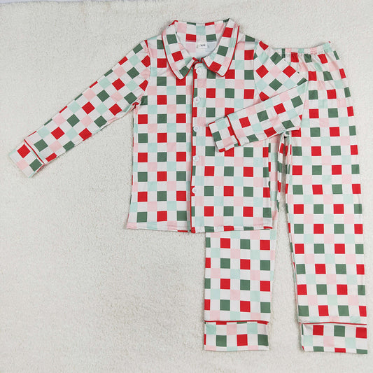 Adult Women Christmas Checkered Buttons Top Pants Pajamas