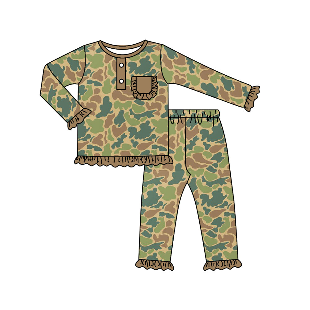 Baby Girls Green Camo Pocket Top Pants Pajamas Clothes Sets Preorder