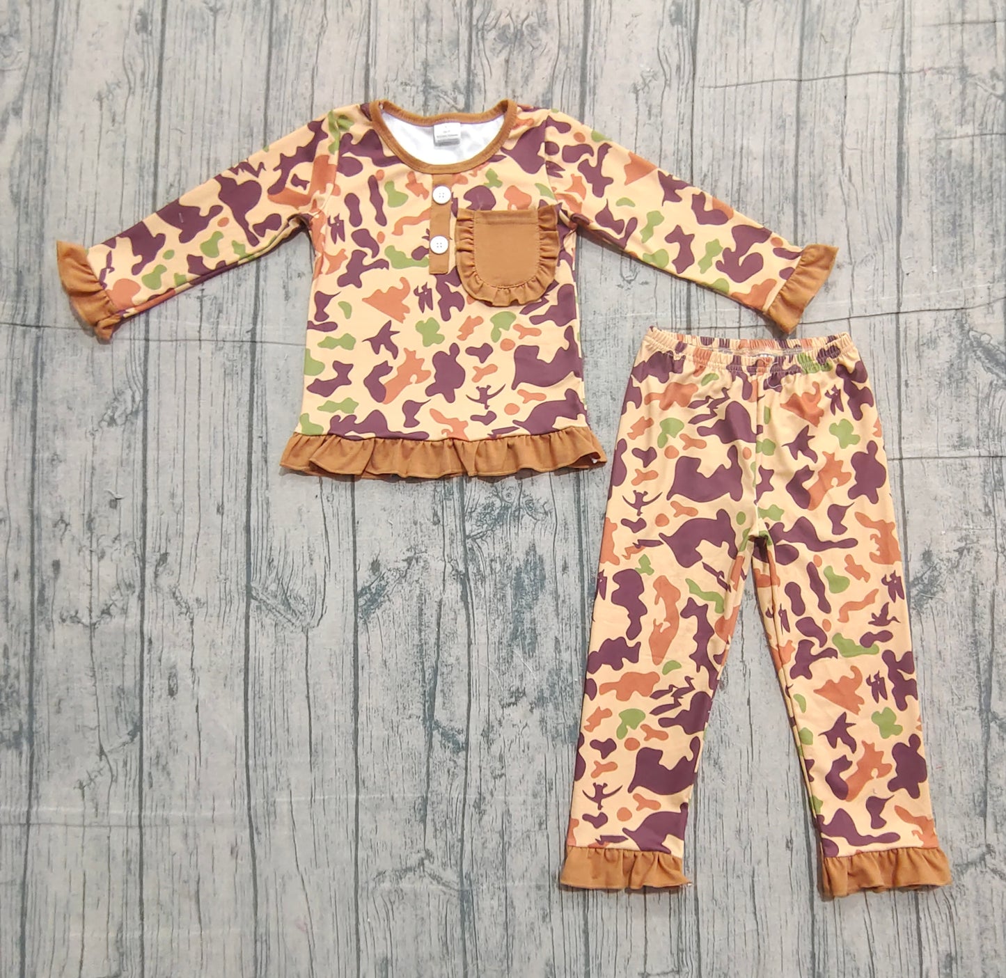 Baby Girls Brown Camo Pocket Top Ruffle Pants Pajamas Southern Clothes Sets Preorder