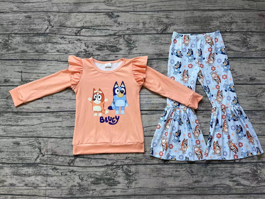 Baby Girls Orange Dog Long Sleeve Top Bell Pants Clothes Sets