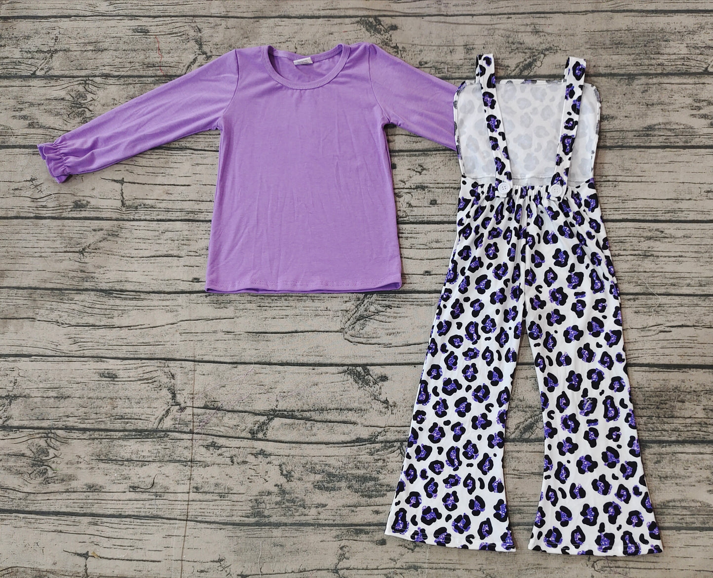 Baby Girls Purple Top Leopard Jumpsuits 2pcs Clothes Sets