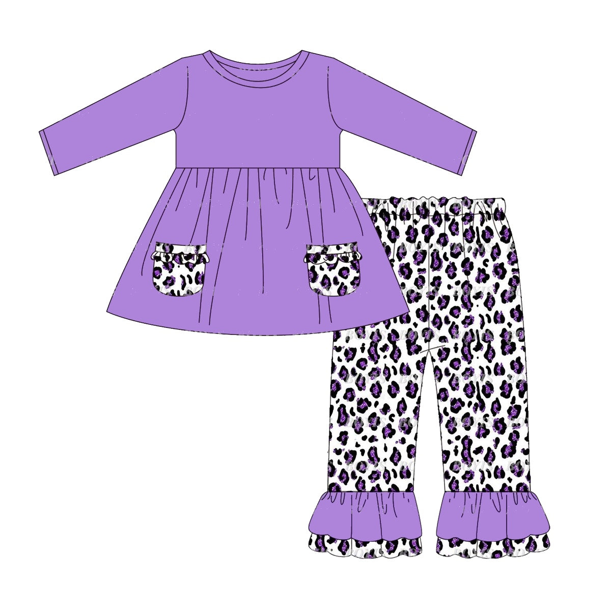 Baby Girls Purple Pockets Tunic Leopard Ruffle Pants Clothes Sets Preorder