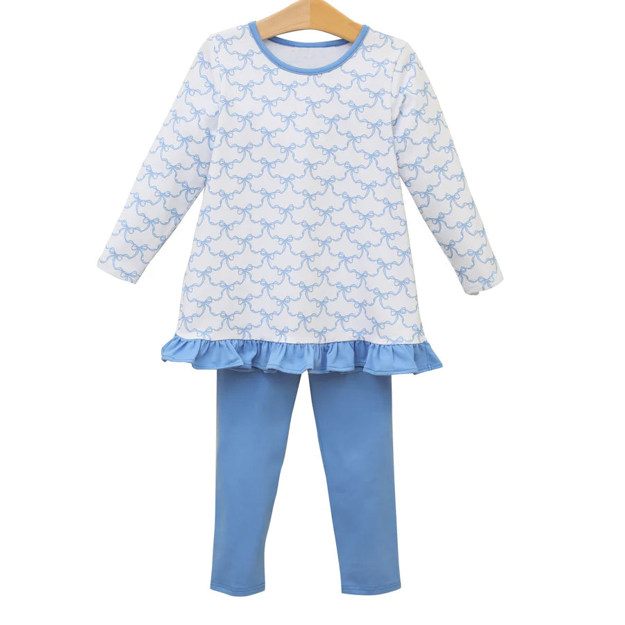 Baby Girls Blue Bows Ruffle Tunic Pants Clothes Sets Preorder