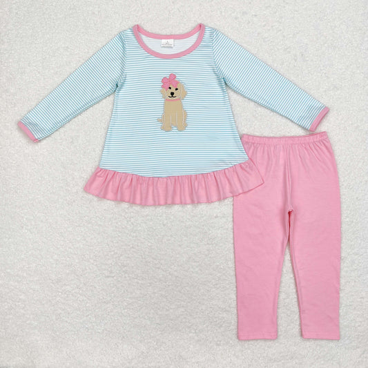 Sibling Baby Girls Embroidery Bows Dogs Stripe Tunic Leggings Pants Valentine Clothes Sets