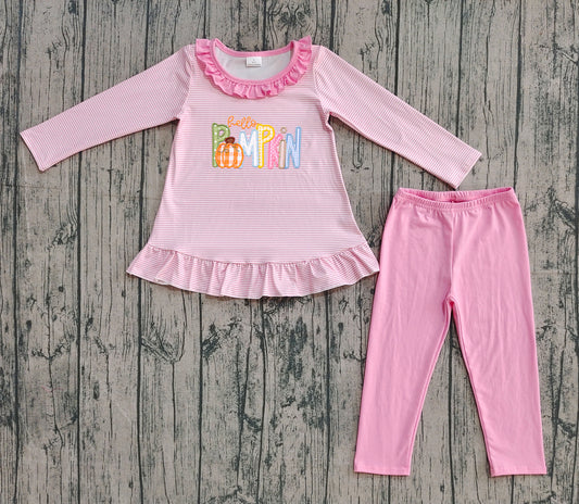 Embroidery Pumpkin Baby Girls Pink Stripes Tunic Leggings Fall Clothes Sets