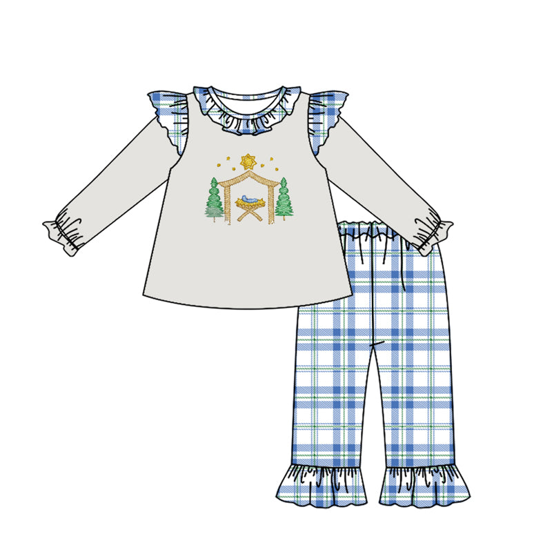 Baby Girls Nativity House Tunic Checkered Ruffle Pants Clothes Sets Preorder