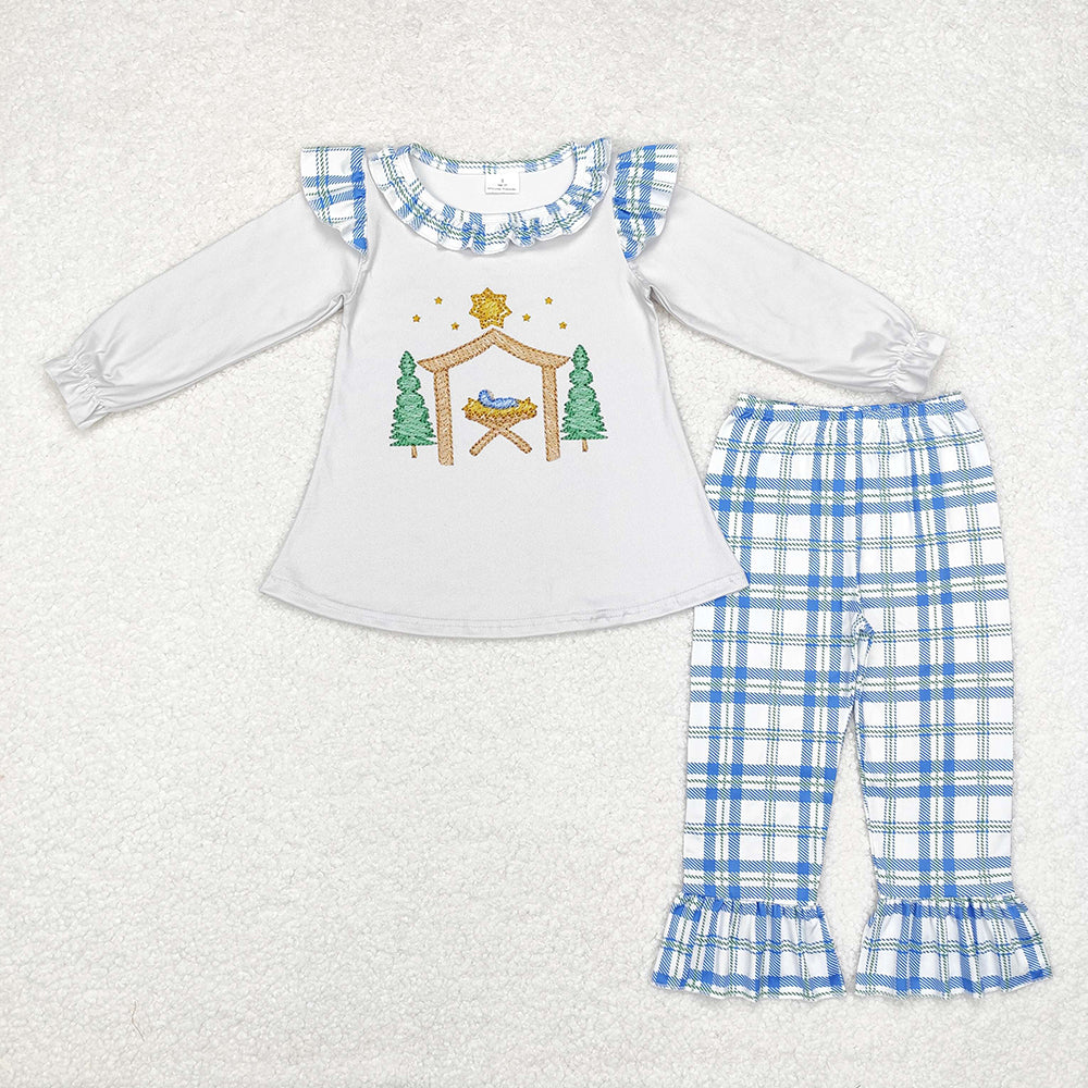 Baby Girls Nativity House Tunic Checkered Ruffle Pants Clothes Sets