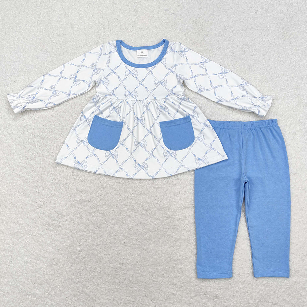 Baby Girls Blue Bows Pocket Tunic Legging Outfits Clothes Sets