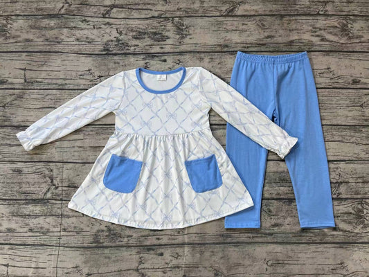 Baby Girls Blue Bows Pocket Tunic Legging Outfits Clothes Sets