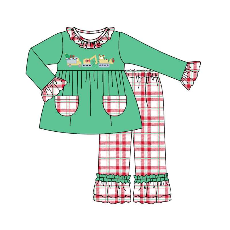 Baby Girls Christmas Tractor Top Ruffle Pants Clothes Sets Preorder