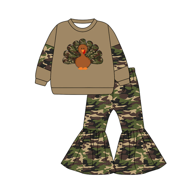 Baby Girls Thanksgiving Camo Turkey Top Bell Pants Clothes Sets Preorder