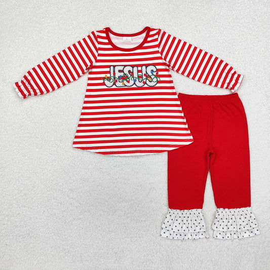 Baby Girls Christmas Stripes Jesus Tunic Top Ruffle Pants Clothes Sets