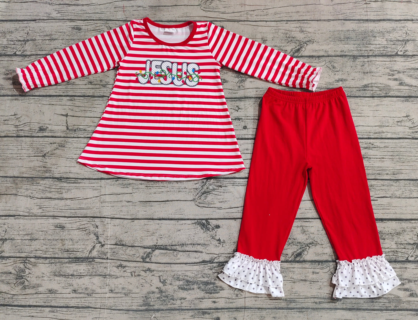 Baby Girls Christmas Stripes Jesus Tunic Top Ruffle Pants Clothes Sets