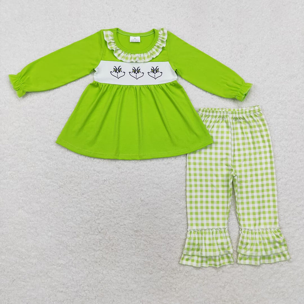 Baby Girls Christmas Green Face Tunic Top Ruffle Pants Clothes Sets