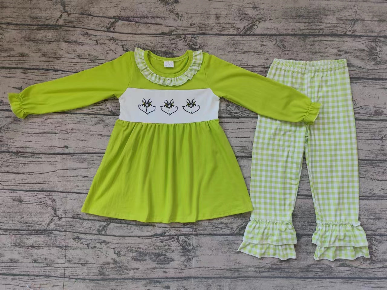 Baby Girls Christmas Green Face Tunic Top Ruffle Pants Clothes Sets