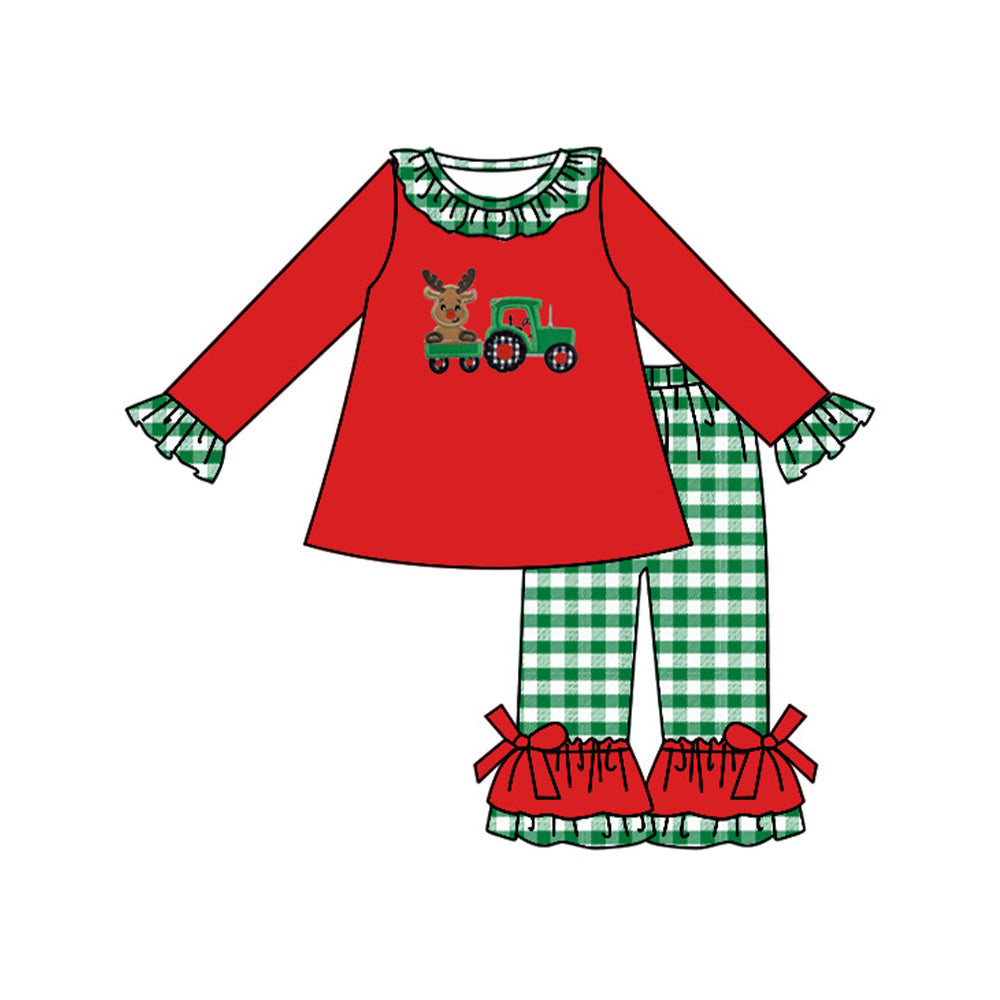 Baby Girls Christmas Tractor Deer Tunic Top Ruffle Pants Clothes Sets Preorder