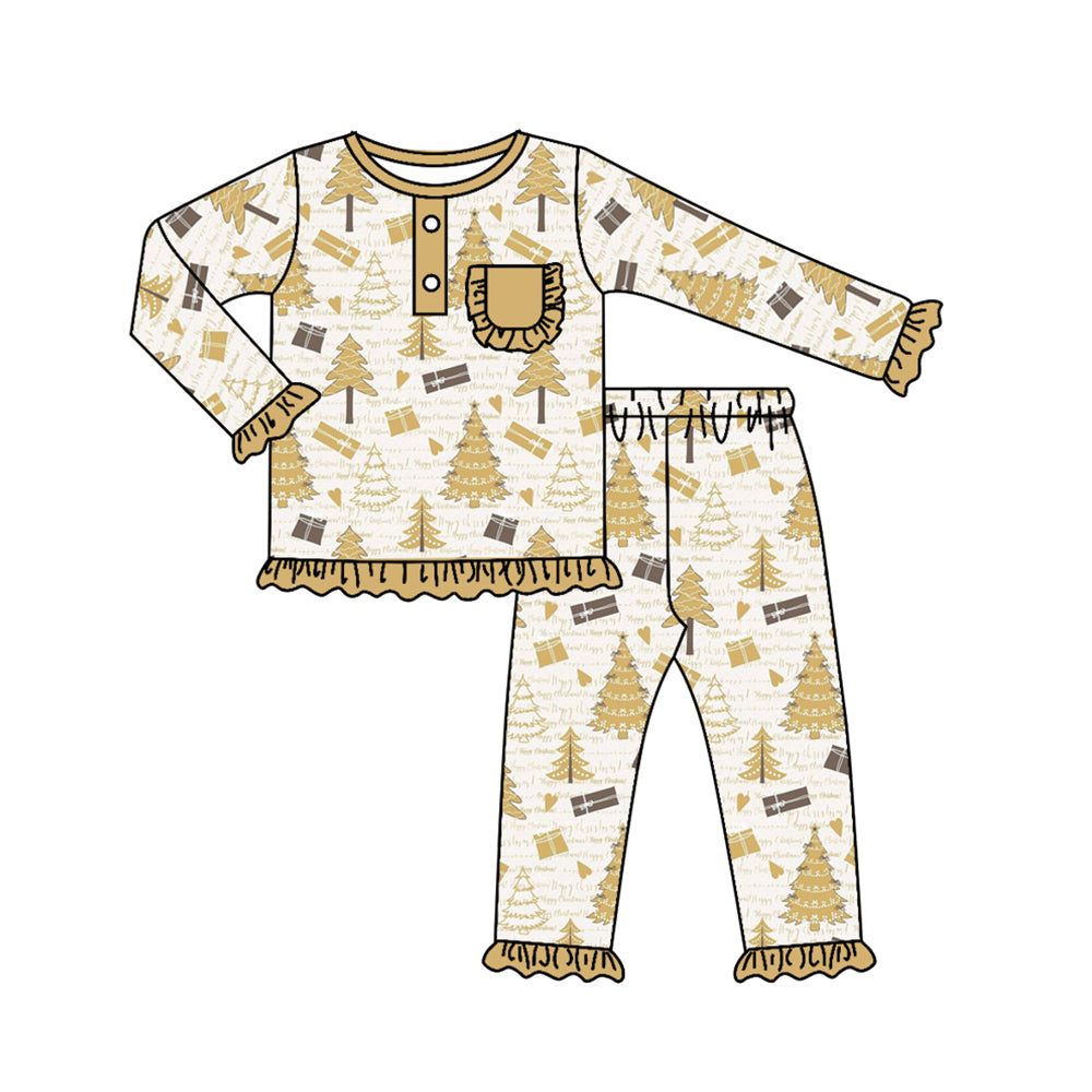 Baby Girls Christmas Tree Gold Top Pants Pajamas Clothes Sets Preorder