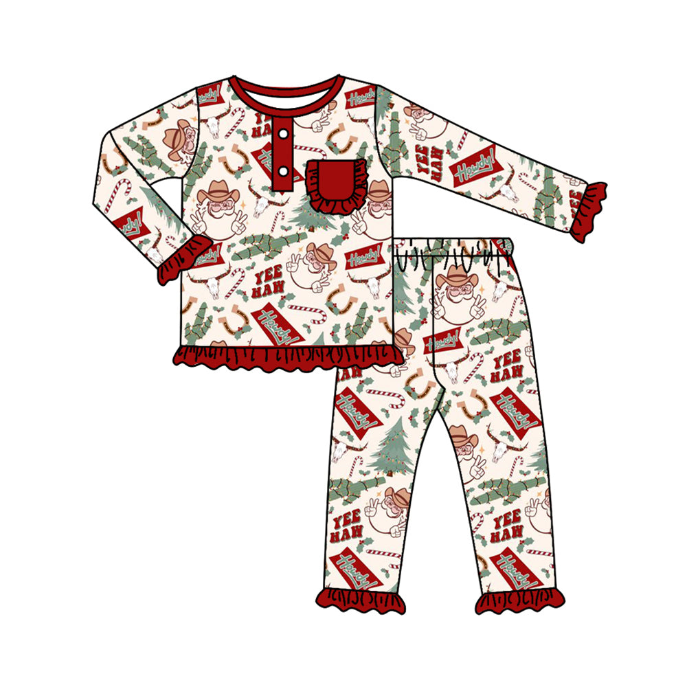 Baby Girls Christmas Western Santa Cactus Top Pants Pajamas Clothes Sets Preorder