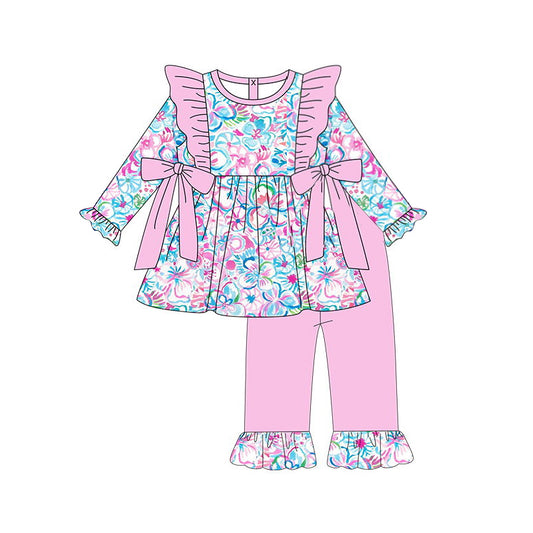 Baby Girls Pink Flowers Tunic Bows Top Ruffle Pants Clothes Sets Preorder