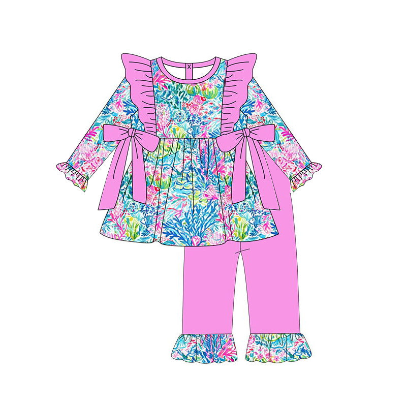 Baby Girls Pink Seaweed Tunic Bows Top Ruffle Pants Clothes Sets Preorder