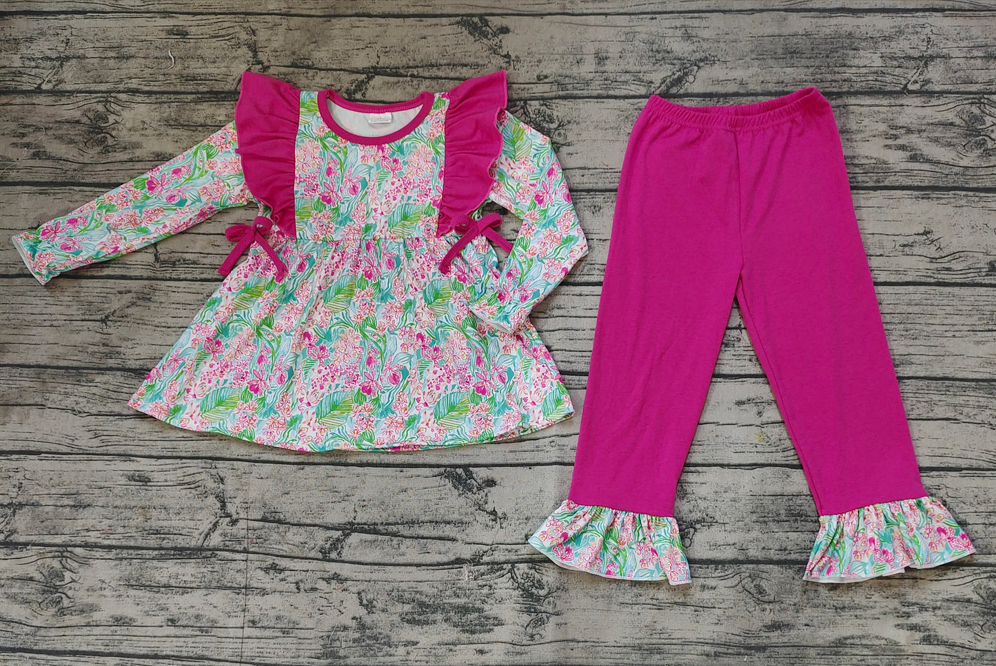 Baby Girls Dark Pink Seaweed Tunic Bows Top Ruffle Pants Clothes Sets