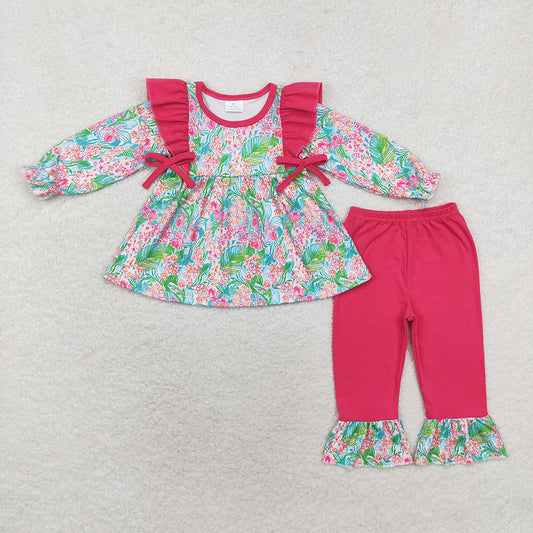 Baby Girls Dark Pink Seaweed Tunic Bows Top Ruffle Pants Clothes Sets