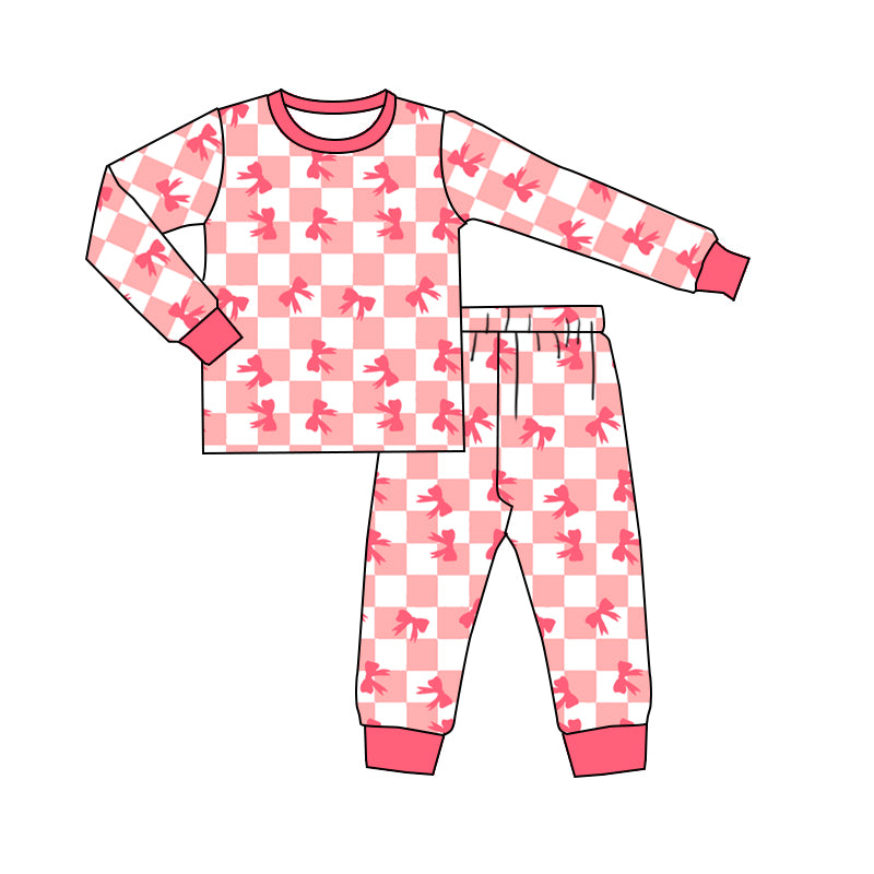 Baby Girls Pink Checkered Bows Top Pants Pajamas Clothes Sets Preorder
