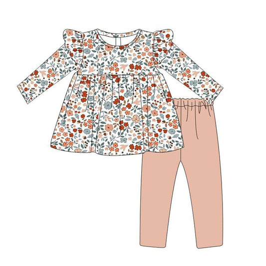 Baby Girls Fall Orange Pink Flowers Tunic Top Legging Clothes Sets Preorder