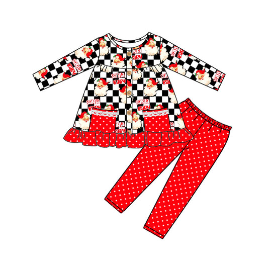 Baby Girls Christmas Santa Checkered Pockets Tunic Legging Clothes Sets Preorder