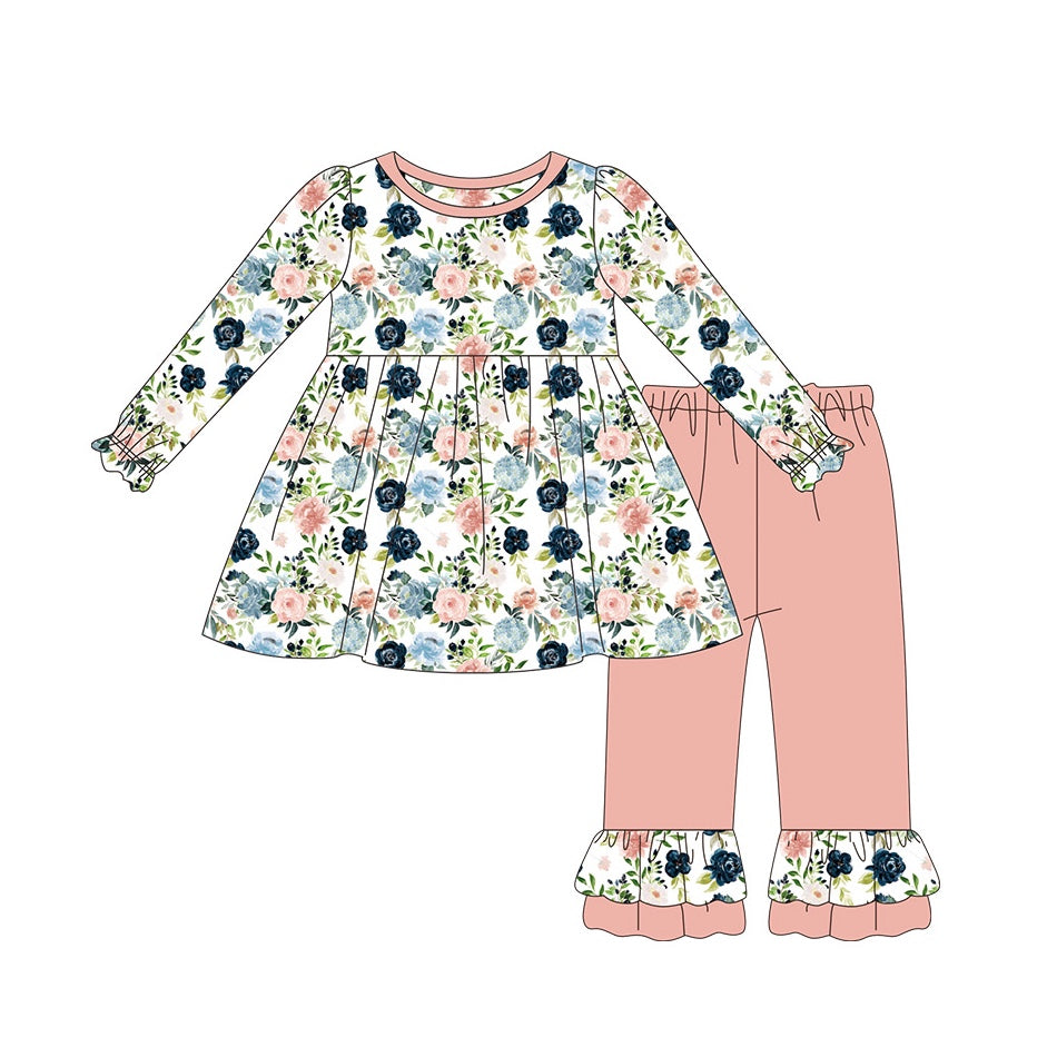 Baby Girls Navy Pink Flowers Tunic Ruffle Pants Clothes Sets Preorder