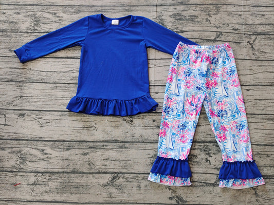 Baby Girls Blue Shirt Seaweed Boats Pants Clothes Sets