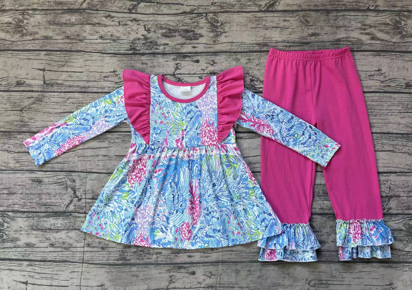 Baby Girls Pink Seaweed Tunic Ruffle Pants Clothes Sets