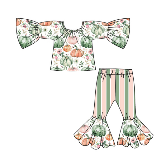 Baby Girls Fall Green Punpkins Top Bell Bottom Pants Clothes Sets Preorder